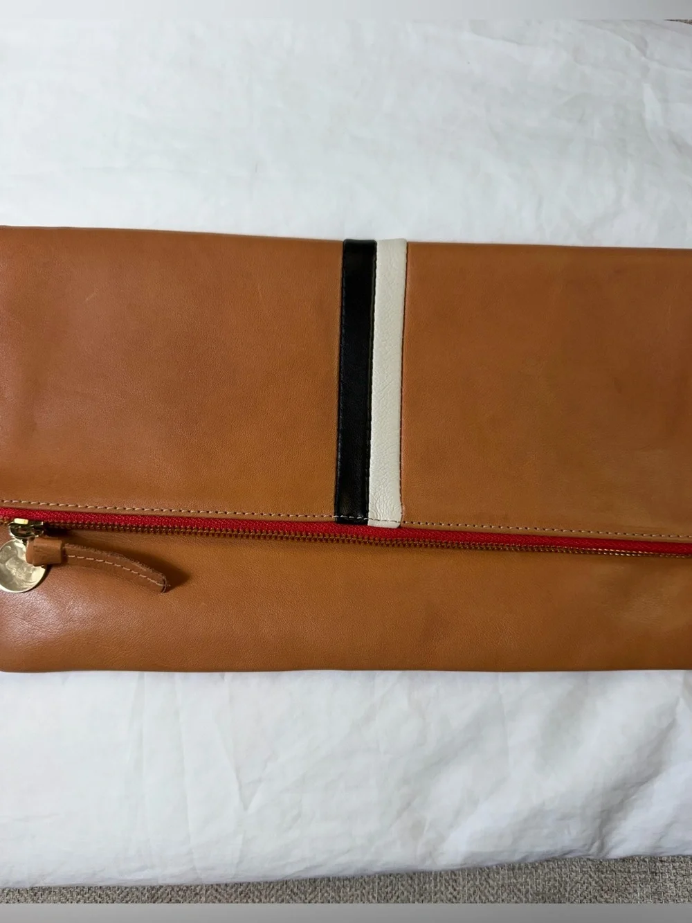Clare V. Leather Foldover Clutch Tan Leather Clutch with Contrast Stripe